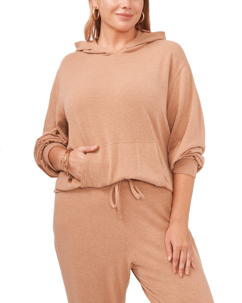 Front of a model wearing a size 0X Allison Pullover Hoodie in WILD OAK by 1.State. | dia_product_style_image_id:262463